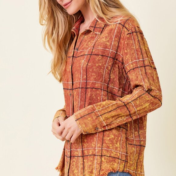 MYSTREE Rust Plaid Button Down Shirt, Distressed Hem Flannel Shirt - Picture 3 of 7